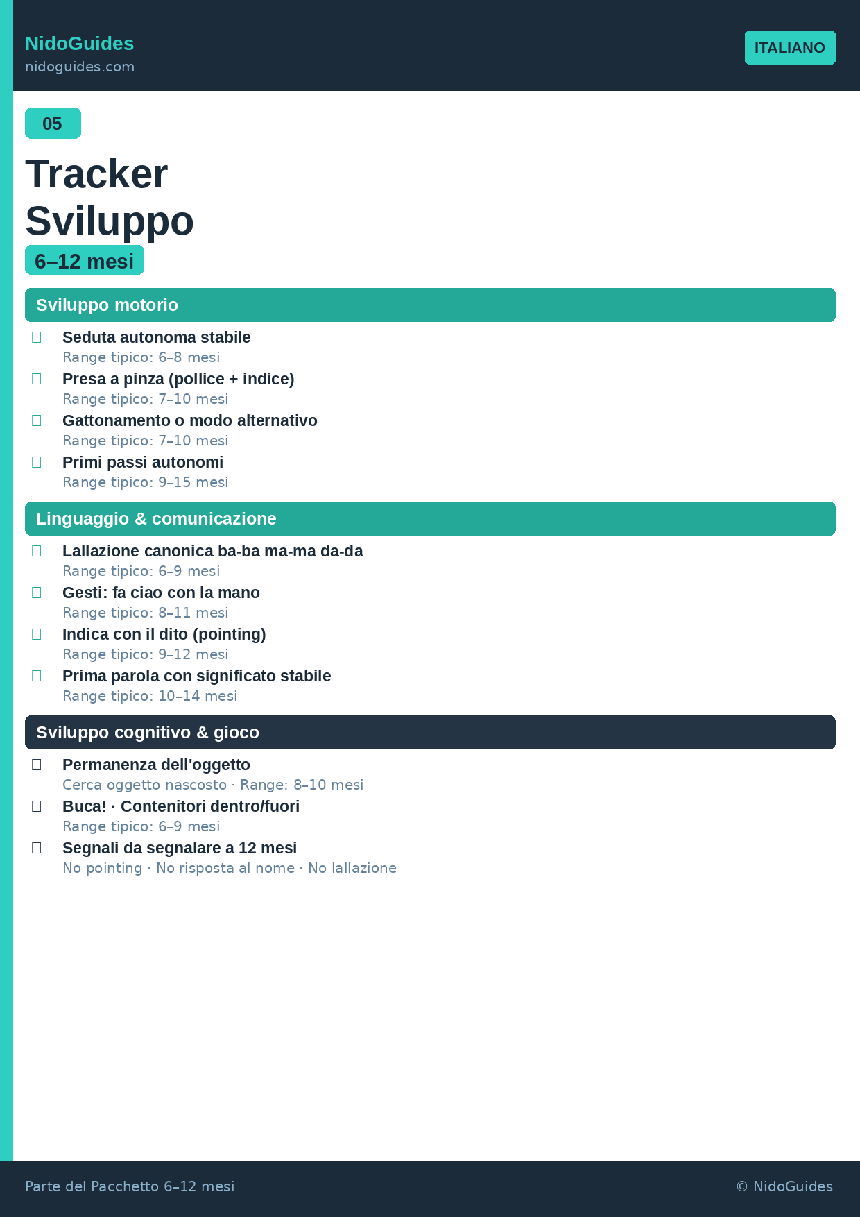 Tracker sviluppo bambino 6-12 mesi — tappe evolutive stampabile NidoGuides