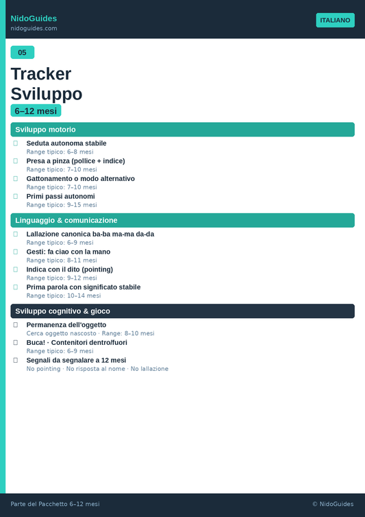 Tracker sviluppo bambino 6-12 mesi — tappe evolutive stampabile NidoGuides