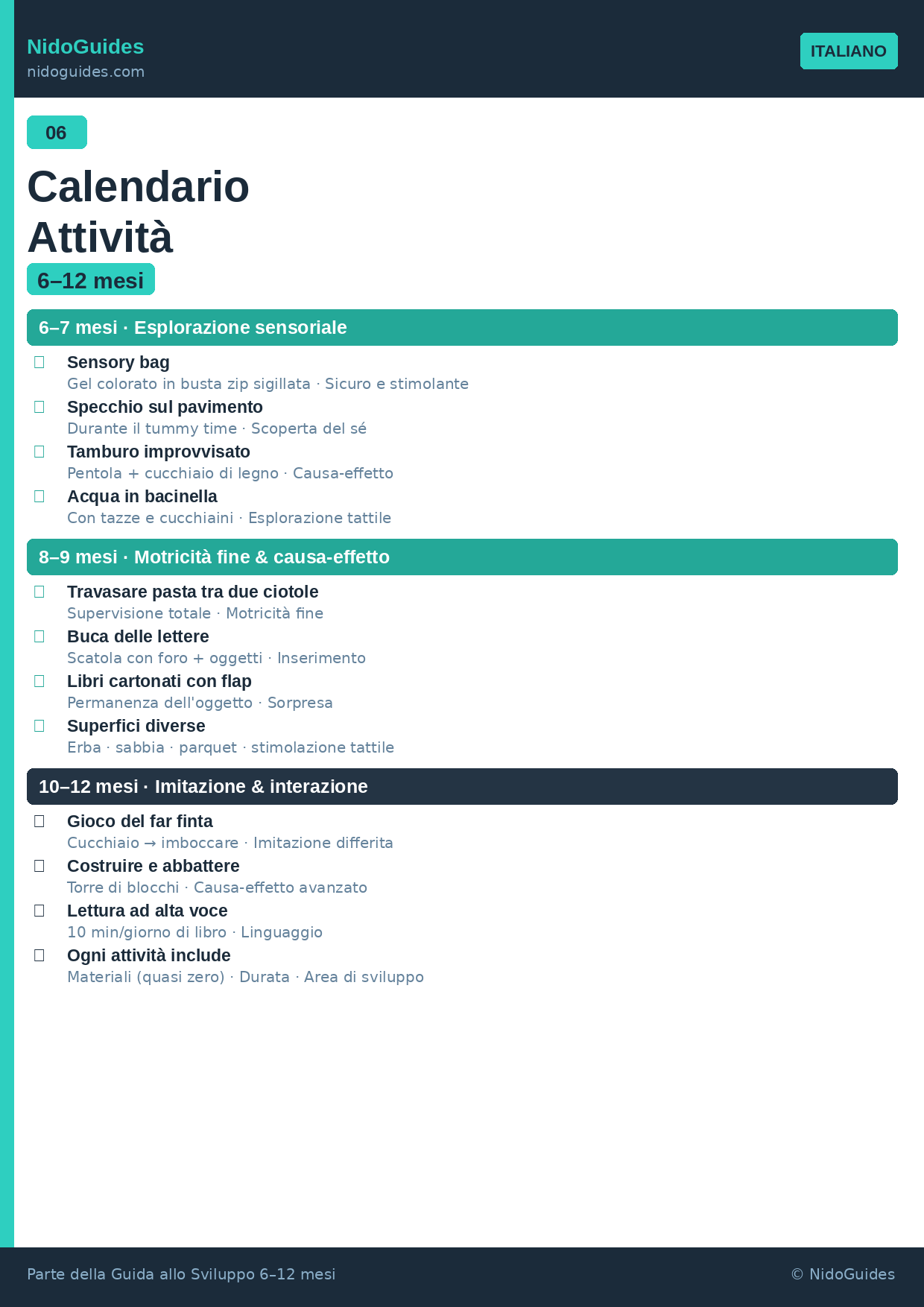Calendario attività bambino 6-12 mesi — template stampabile NidoGuides