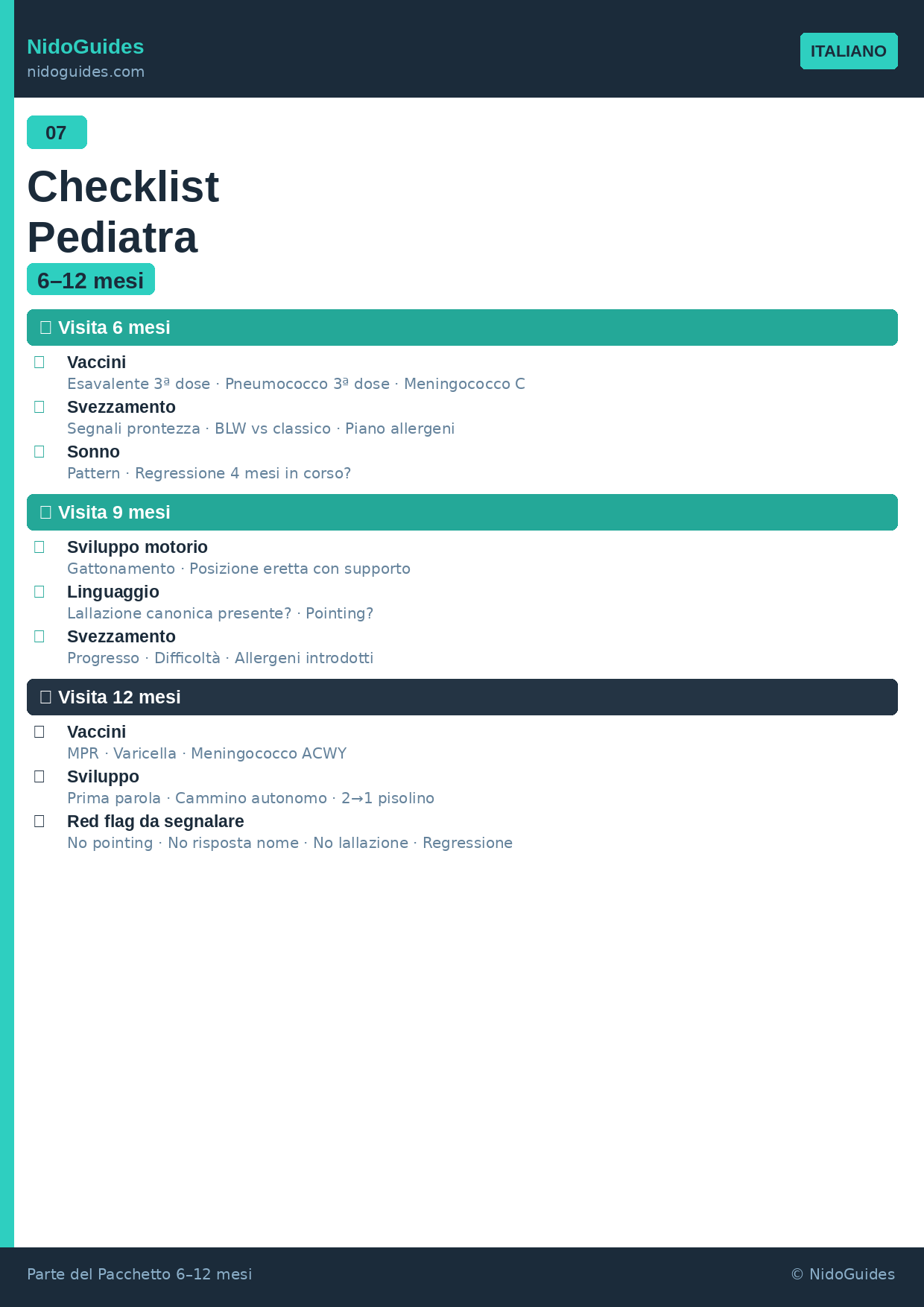 Checklist pediatra 6-12 mesi — domande e controllo sviluppo stampabile NidoGuides