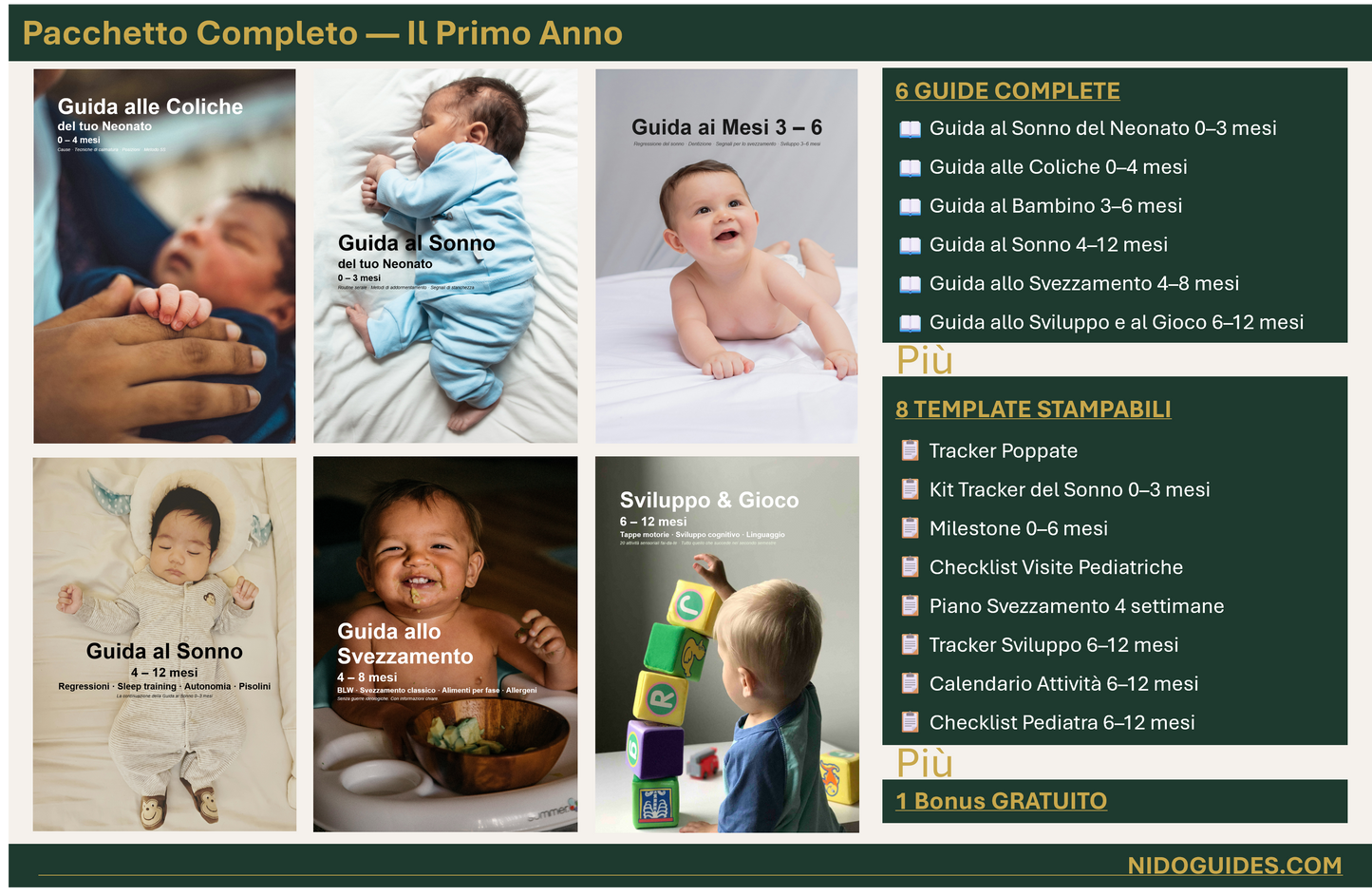 Pacchetto completo il primo anno — bundle guida PDF 0-12 mesi NidoGuides