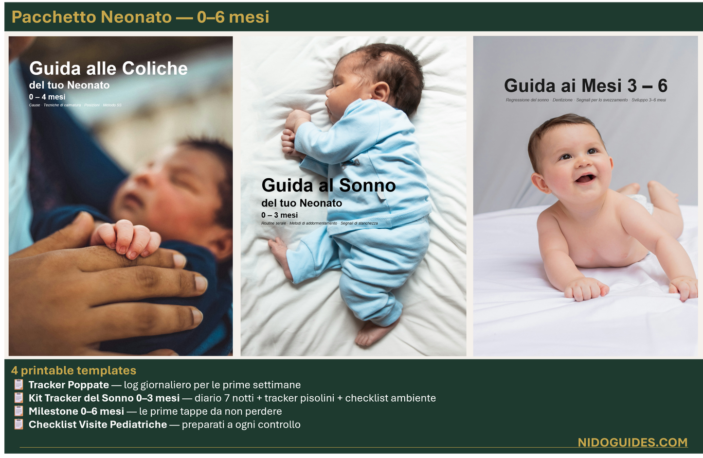 Pacchetto neonato 0-6 mesi — bundle guide PDF e template NidoGuides
